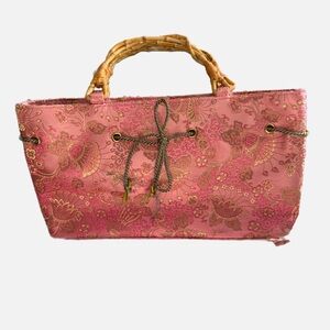 Elegant Pink Floral Tote with Bamboo Handles